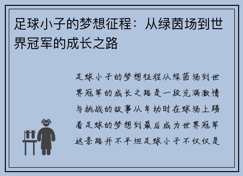 足球小子的梦想征程：从绿茵场到世界冠军的成长之路