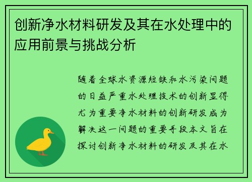 创新净水材料研发及其在水处理中的应用前景与挑战分析