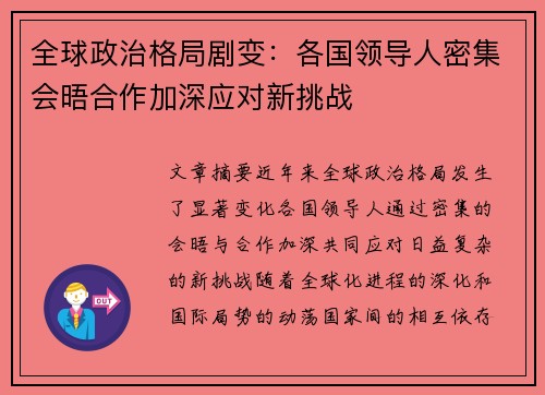 全球政治格局剧变：各国领导人密集会晤合作加深应对新挑战