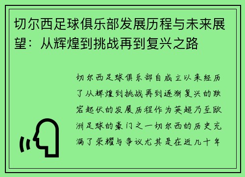 切尔西足球俱乐部发展历程与未来展望：从辉煌到挑战再到复兴之路